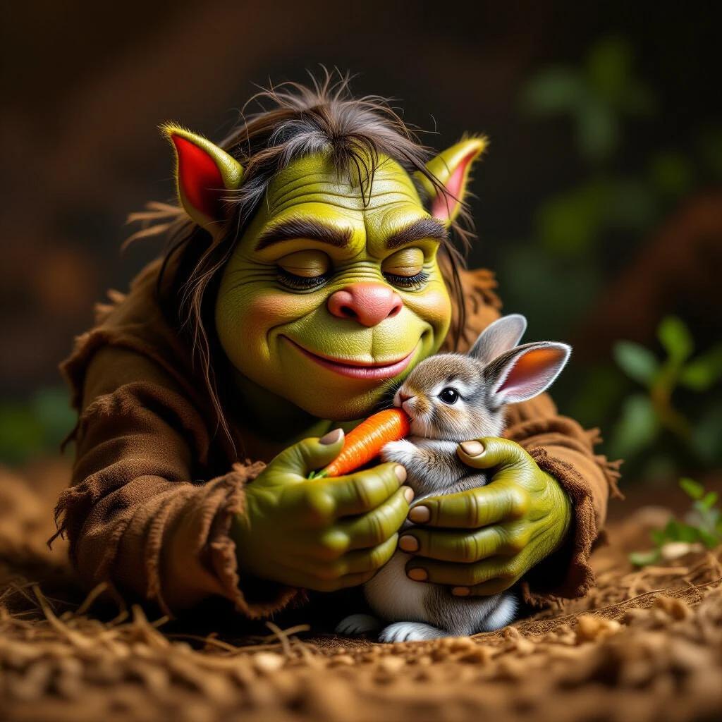 A brown ogre gently holds a small bunny. The ogre feeds the bunny a carrot. The scene conveys warmth and love. Dark colors create a cozy atmosphere. Image is high definition and visually rich.