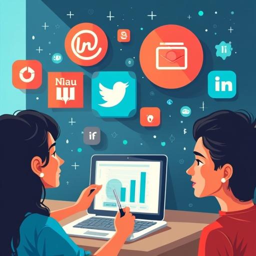 Graphic advertisement showing digital marketing agency encouraging communication between entrepreneurs and target clients. Two individuals interact over a laptop, social media icons in background display various platforms.