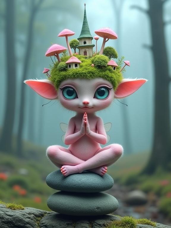 A whimsical creature with a pink body and large eyes meditates in a misty forest. It has a mossy crown featuring miniature buildings and pink mushrooms, sitting on stacked stones.