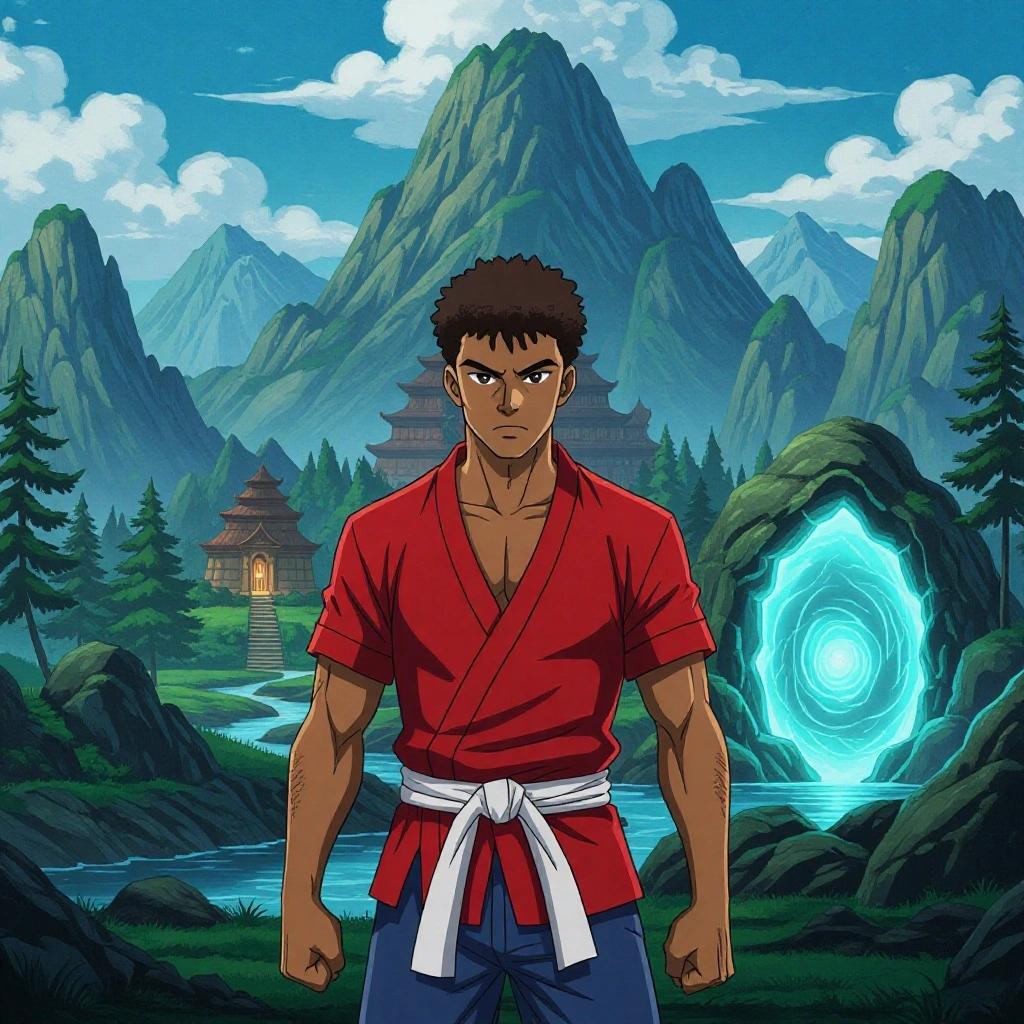 Strong young Dominican man in red martial arts shirt standing confidently in front of a mystical mountain landscape with a temple and a glowing portal. Dark brown skin, short curly black hair, calm expression. Background includes dramatic mountains, tall trees, magical portal, serene atmosphere. Anime manhwa style, full color, cinematic lighting, bold shading, highly detailed.
