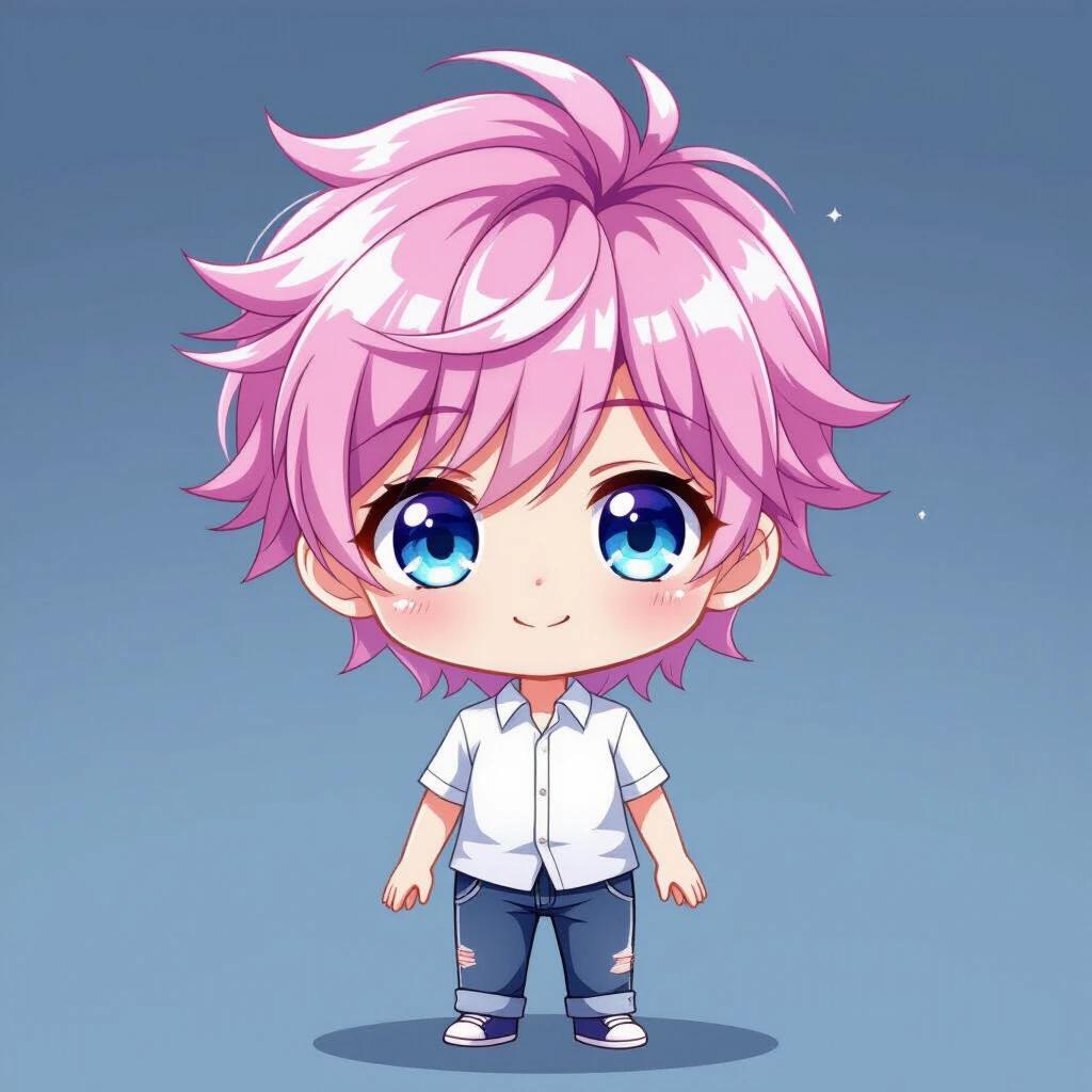 Male anime chibi character with pink hair and big sparkling eyes. Character has a tiny round body and oversized head. Adorned in a casual outfit with soft pastel colors. Clean anime lineart with smooth cel shading. Authentic kawaii aesthetic. Standing in a neutral cute pose with no background. 8k ultra high resolution for details.