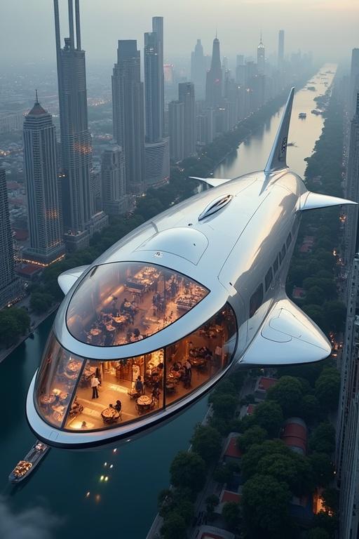 Elegant aircraft with elongated disk shape and large transparent panoramic cabin. Smooth silver-white body features dark inserts. Multi-level cabin filled with warm artificial light. Cozy and sophisticated atmosphere with silhouettes at tables. Hovering above a futuristic metropolis featuring dense skyscrapers and a network of canals.