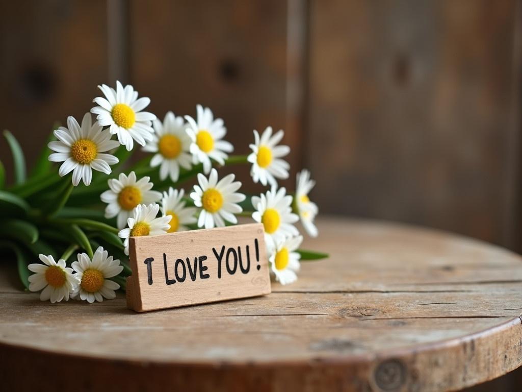 A cozy and romantic scene featuring a cute wooden table. A small sign reading "I LOVE YOU!" is placed prominently on the table. Surrounding the sign are delicate white daisies with bright yellow centers, adding a touch of nature and warmth. Soft, natural lighting enhances the inviting atmosphere, creating a sense of intimacy. A rustic background with textured wood complements the overall aesthetic, making this a perfect setting for a heartfelt moment.