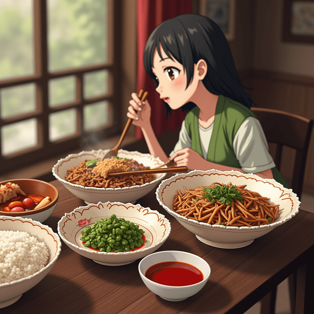 An anime character enjoying a richly adorned table of diverse Asian dishes.