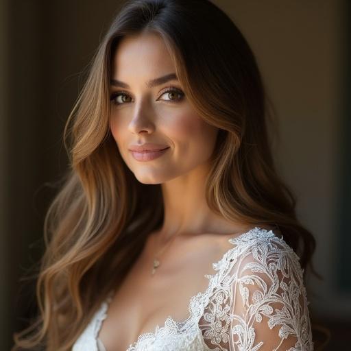 Portrait of a beautiful bride with long hair and intricate lace dress. Emphasis on elegance and charm. Soft lighting illuminates the features.