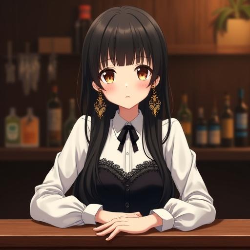Anime girl with warm brown eyes and long black hair. She wears a white long-sleeved shirt under a dark vest. Intricate lace detailing is present. A black bow adorns her neckline. She has elaborate gold earrings. Dimly lit bar creates an intimate atmosphere.