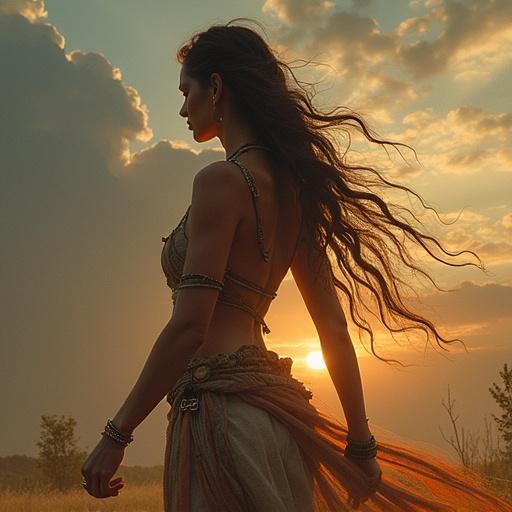 Depiction of a spiritual warrior standing with an air of confidence. The figure is in a profile pose. The long flowing hair moves with the wind. Details of the warrior's attire suggest armor mixed with elements of elegance. The background fades softly to emphasize the figure.