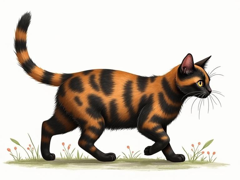 Illustration of a tortoiseshell cat walking with a confident stride. The cat has a black and orange mottled fur pattern. Simple background with grass and flowers.