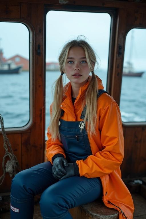 Young woman with long blonde hair in two pigtails dressed in orange raincoat and blue fisherman's dungarees. Sitting in old fishing boat with windows showing cold sea. Background includes fishing harbor on arctic island.