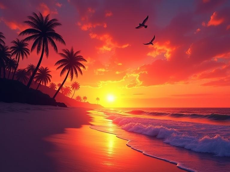 Realistic sunset at a beach. Intense orange to purple gradient sky. Silhouetted palm trees on the left. Bright reflective waves in the foreground. Seagull appears in the upper right quadrant.