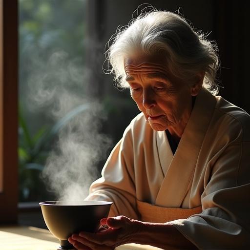 Elderly tea master in machiya preparing matcha. Calm expression with visible wrinkles and a mole on cheek. Silk kimono shines in soft lighting. Steam rises from a ceramic bowl. Depict japanese minimalism with gnarled fingers, f/2.8 for detail