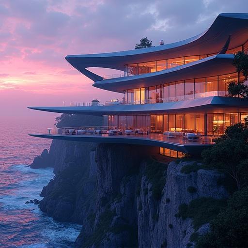 A digital painting shows a luxury mansion. Mansion has metallic surfaces and glass walls. It features dynamic angular design. Mansion is perched above a cliffside. Ocean waves are below. Background has a sunset sky with vibrant purples and oranges. Distant city lights are seen. Reflections dance across water and glass. Interior lights glow. Deep shadows are present. Created using Unreal Engine. Cyber-architecture style. Ray-traced rendering. High-definition textures. Neon light accents. Cinematic lighting. Ultra-wide lens used. Post-processed bloom applied.