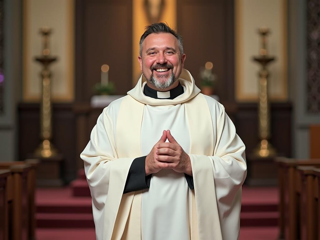 A joyful wedding priest is shown in full body shot standing full frontal in classical priest pose. He wears priest robe. He smiles brightly with genuine happiness. Full-body semi-realistic style. Vertical orientation.