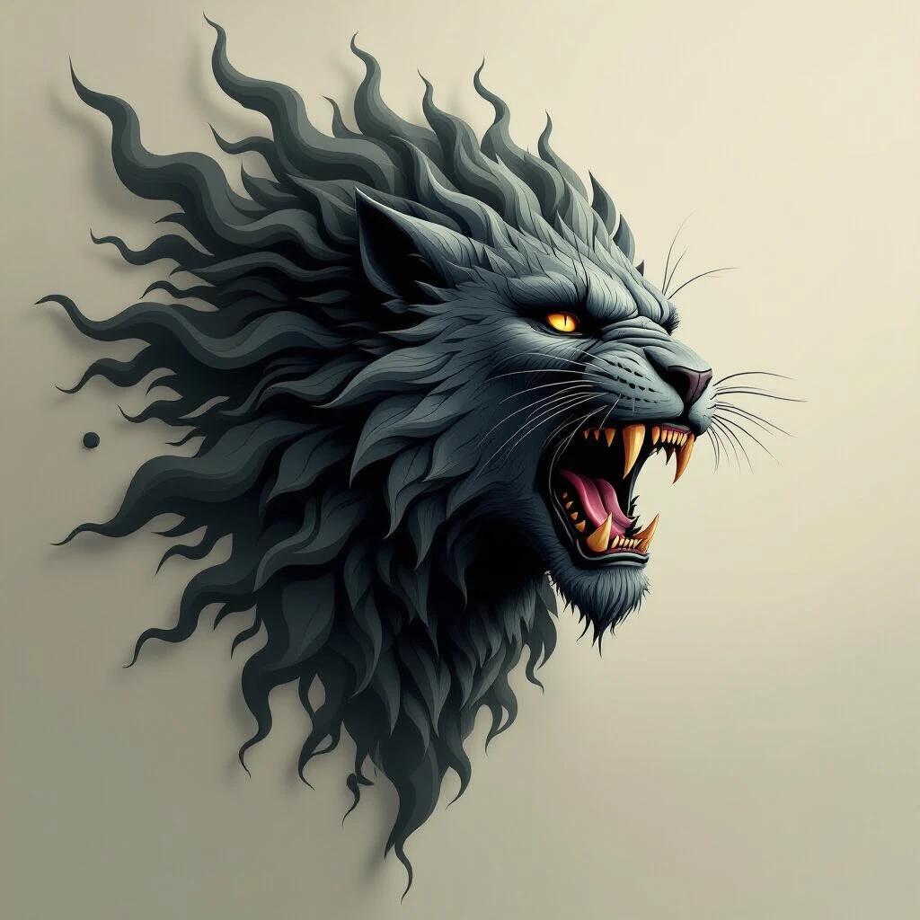 A chaotic and threatening shadow with a monstrous lion head. Jaw open with sharp teeth. Vivid presence dominating the space. Body of shadow resembling black flames or living smoke. Energy emanating from each line. Merging from another dimension with depth and movement.