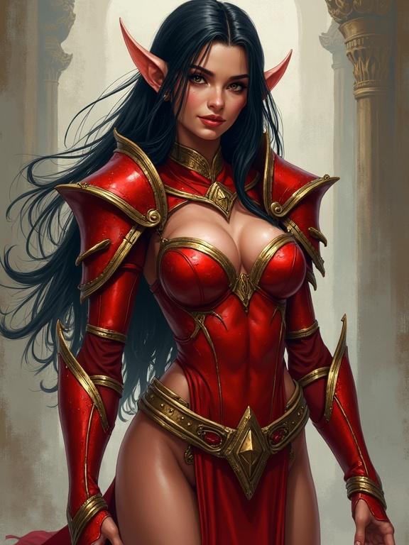 Fantasy illustration depicting a petite blood elf woman from Warcraft. Character has long black hair and is wearing red armor with gold trim, emphasizing her body.