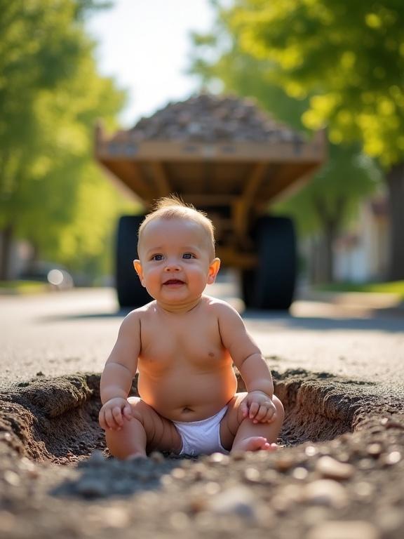 A baby plays in a large pothole filled with gravel on a sunny street. The baby is wearing white underwear and looks curious. A construction vehicle appears in reverse in the background, trees align the street.