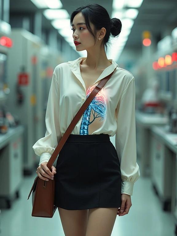 Depiction of a mid-20s East Asian cyborg female spy. She wears a pearl-white blouse with a V-neck and a black skirt. Legs in sheer black pantyhose and black low-block-heel shoes. Hair is neatly bunned. Standing confidently in a bright mechanical lab. The X-ray effect shows intricate mechanical components in her torso.