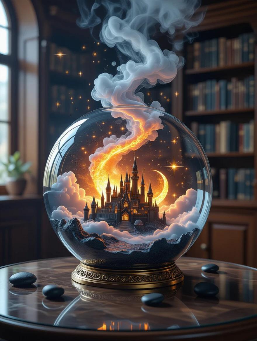 A magical scene depicting a terrarium on a glass table in a library. Thick smoke and fire rise from inside the terrarium. Black stones are scattered around. A crescent moon formed by clouds and flames appears. Stars twinkle in the night sky. Potions hover above a mirage city. High-level magical art style. 3D visualization of fantasy elements.