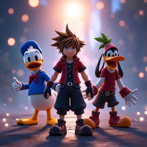 High-quality digital wallpaper featuring Sora Donald Goofy from Kingdom Hearts 4 in group pose. Background is a blurred magical landscape with glowing particles. Art style is clean modern cinematic. Focus on sharp details rich colors.
