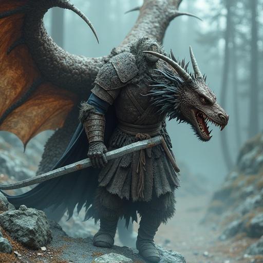 A fierce warrior from a fantasy realm battles a dragon in a mystical forest setting. The warrior is heavily armored and wielding a sword. The dragon is large and menacing with intricate features. Trees surround them, creating an atmospheric backdrop.