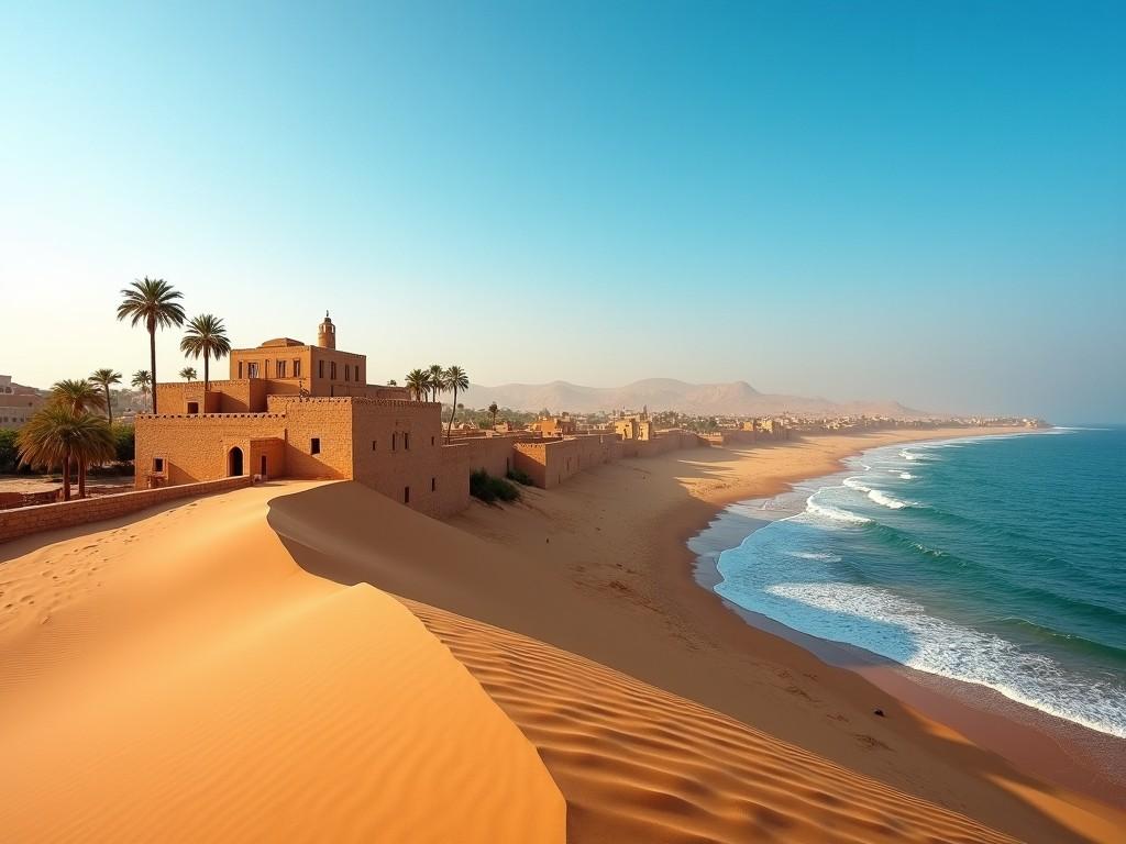 This image depicts a stunning view of Oman, showcasing its unique blend of desert and coastal landscapes. The foreground features beautiful, undulating sand dunes that transition into a serene beach. In the background, a historical building stands proudly along the coastline. The vibrant blue sky complements the golden tones of the sand, creating a picturesque scene. This captivating landscape embodies the natural beauty and cultural richness of Oman, making it an inviting destination for travelers.