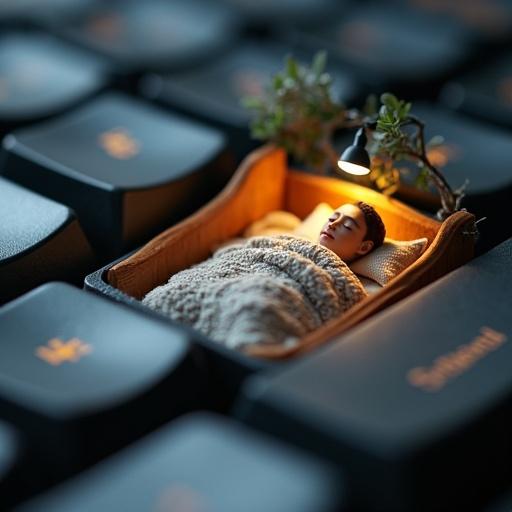 Photographic image of a miniature person sleeping in bed under an opened Sunday keyboard keycap. Inside the keycap is a mini bedroom with typical bedroom items.