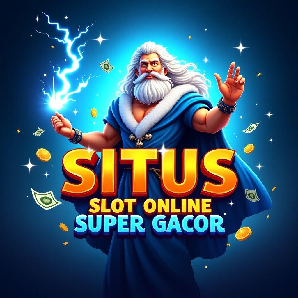 Design a promotional banner for an online slot game. Background features a mythical god with flowing white hair and blue robe. Action pose holding a lightning bolt. Title in bold letters saying 'SITUS SLOT ONLINE' and 'SUPER GACOR'. Use vibrant blue background with swirling clouds and floating coins. Create a sense of adventure and excitement.