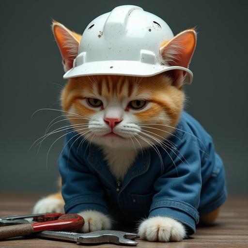 A semi-realistic cat wearing a white hard hat and blue uniform has a pained expression. A large wrench rests on top of the helmet. The cat has a visible crack in the helmet and a slightly bruised nose, sitting dazed with tools scattered around.