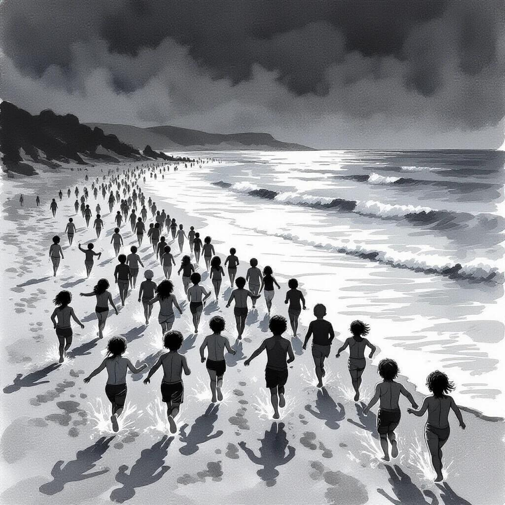 Illustration of many tiny humans running towards the sea. Style inspired by black ink art. High contrast and dramatic lighting create a lively beach scene.