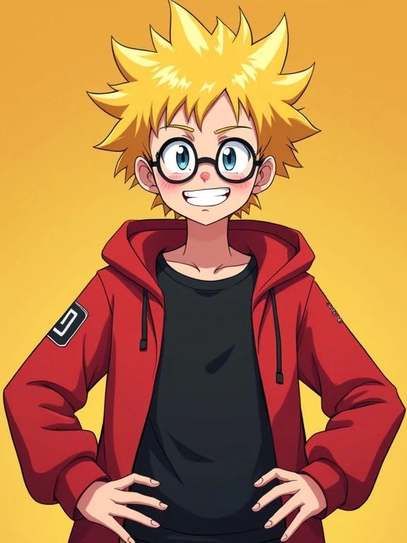 Anime style image features a young man with bright spiky yellow hair. He wears a red hoodie over a black shirt. The character is posed proudly with hands on hips. His expression shows a big smile and sparkling eyes. The background is cartoon-style with blue skies and clouds. The artwork is cel-shaded.