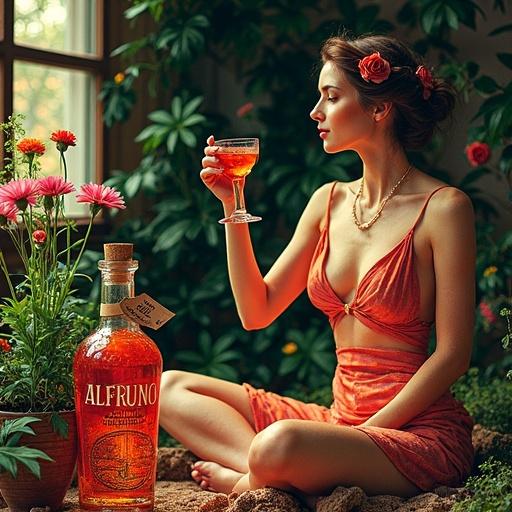 Stylized advertisement of a 1920s speakeasy setting. A woman in a silk dress with an elegant hourglass figure is toasting with a stemmed glass of herbal liqueur. Surrounded by wildflowers and lush greenery. Apothecary-style spirit bottle in the foreground with hang tag labeled 'ALFRUNO'.