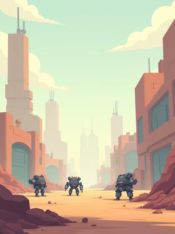 Design 2D minimalistic cartoon background. Robots in futuristic setting. Random activity in a dusty area. Use muted colors and stylized structures. Add depth blur and fog in the distance.