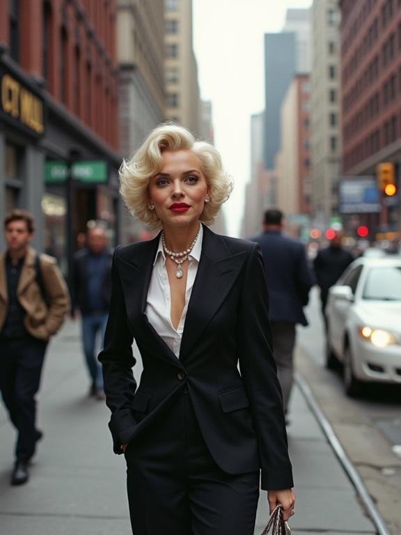Woman in a black suit walks confidently down a busy New York street surrounded by tall buildings. Soft daylight illuminates the scene. City atmosphere reflects urban lifestyle.