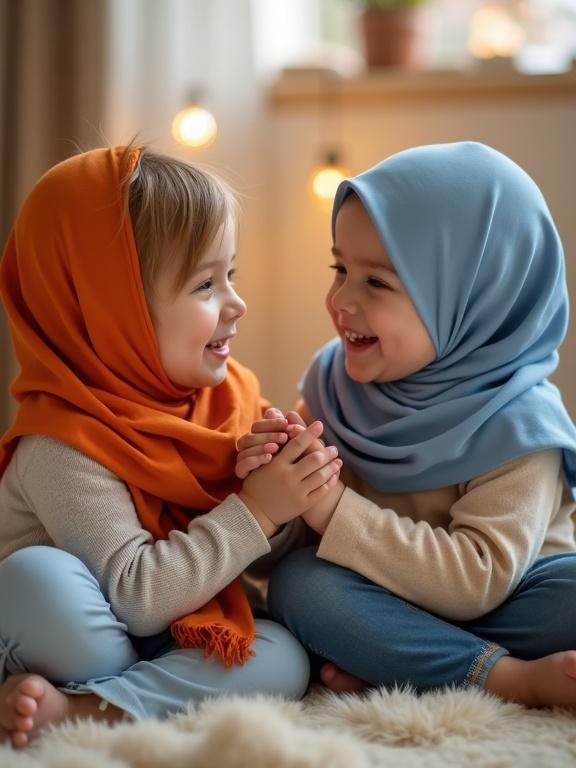 Two young children engaging happily indoors. One child in orange scarf. Another in blue hijab. Friendly pose with hands clasped. Joyful expressions. Soft warm lighting in the background with playful decor.