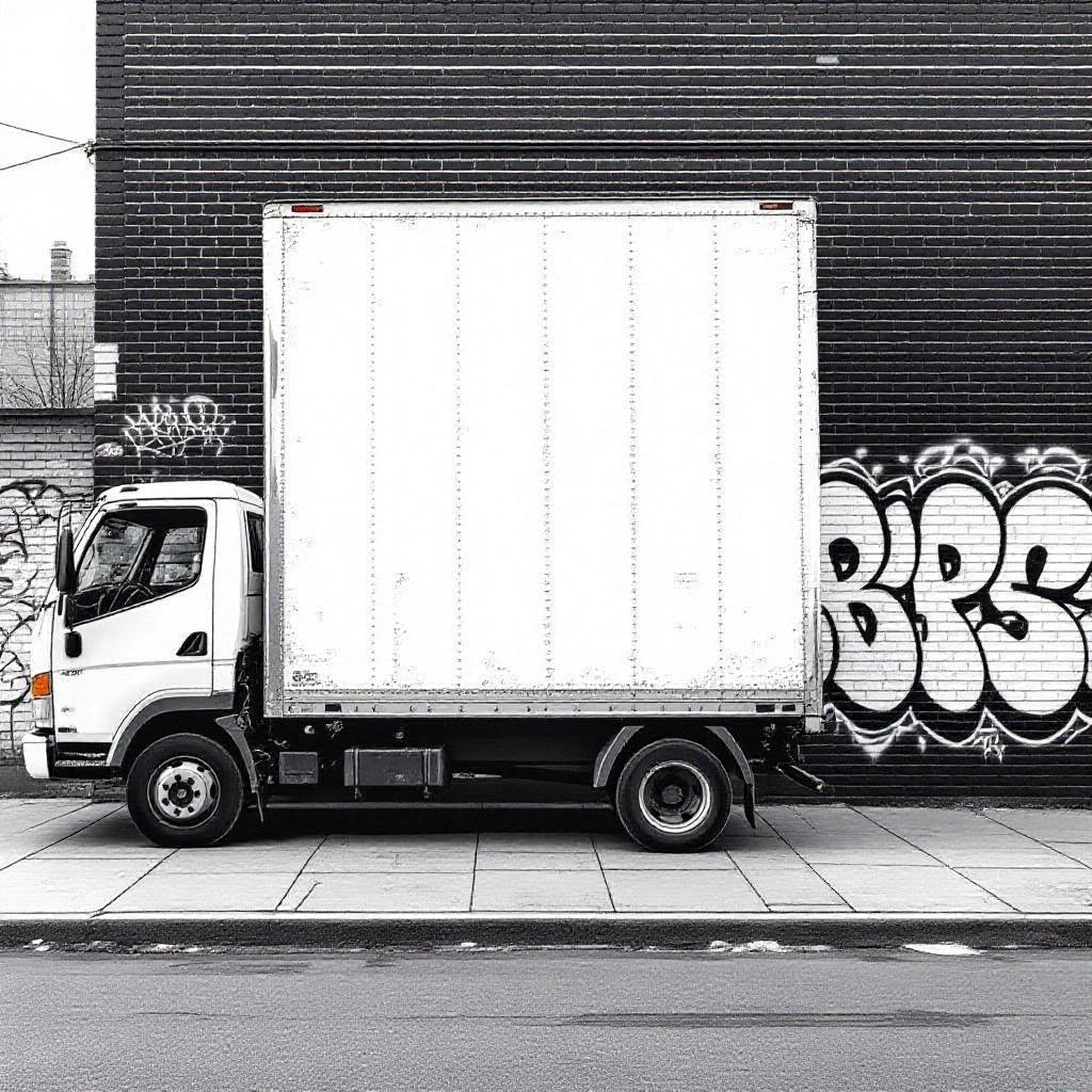 Empty truck beside a clean brick wall in an urban setting. Focus on realistic textures of the wall and truck. Vertical layout with minimal details for artist use.