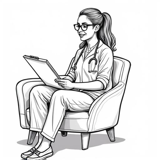 Playful woman therapist sits in armchair holding clipboard. Black and white line-art with thick outlines. Simple background, centered composition, high contrast, vector style.