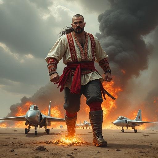 An epic scene of a powerful Ukrainian Cossack dressed in traditional clothing. He strides forward with clenched fists over a burning jet. The airfield is engulfed in flames with exploding jets. The sky is stormy with gray clouds and light rays.