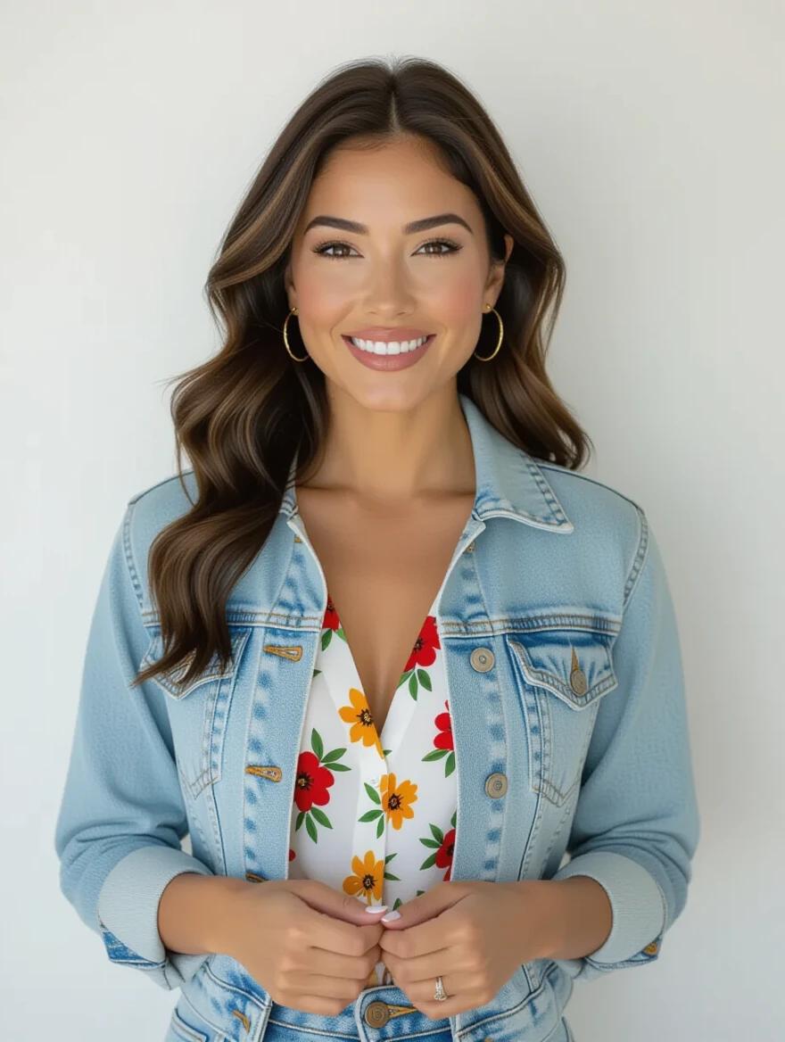 A woman wearing a floral blouse and denim jacket stands confidently. She has warm brown skin and dark brown wavy hair. Her attire is complemented by stylish accessories. The background displays a modern room with natural light and greenery visible through large windows.