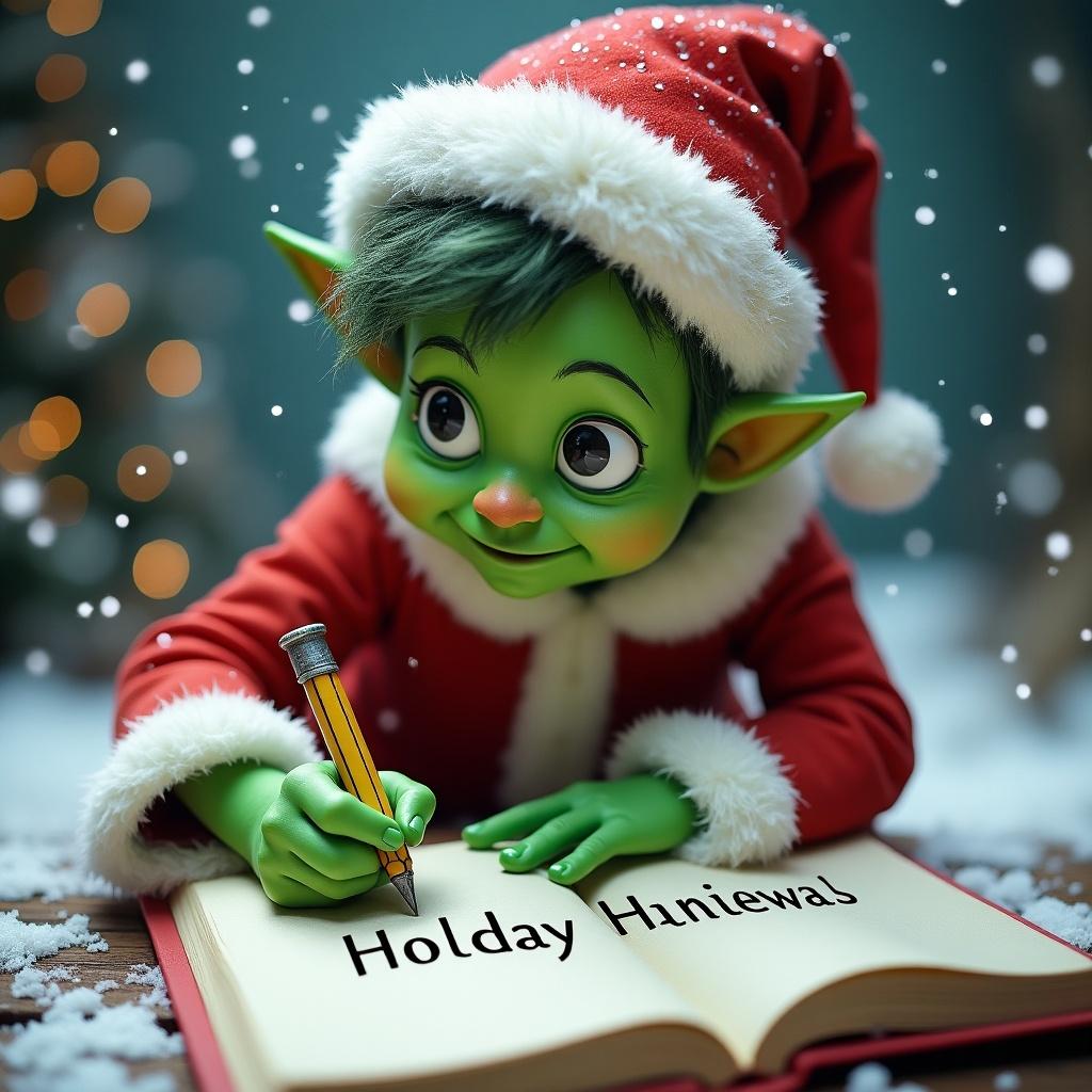 Whimsical character inspired by literature writing child's name in notebook. Character has bright green skin and playful expression. Dressed in red and white holiday outfit. Setting is snowy and festive. Scene captures holiday magic and curiosity.