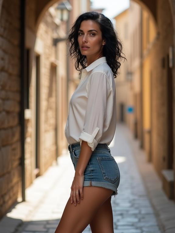 Mature woman stands in a narrow cobblestone street. She wears a white blouse and denim short shorts. Hair is black and messy. Sunlight filters through an archway. She gazes at the viewer. Long legs visible. She wears sneakers. Image is from the side.