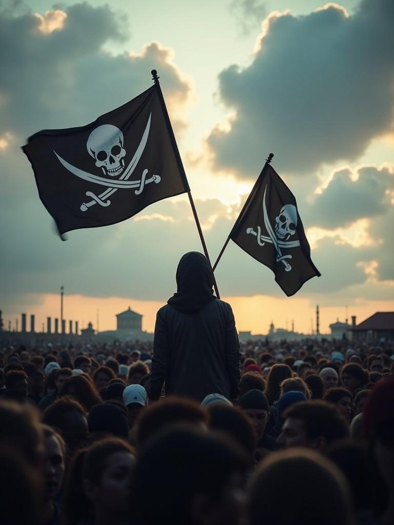 A person stands holding two pirate flags. The sky is dramatic with clouds. A large crowd is gathered in the background. The scene captures a sense of energy and rebellion.