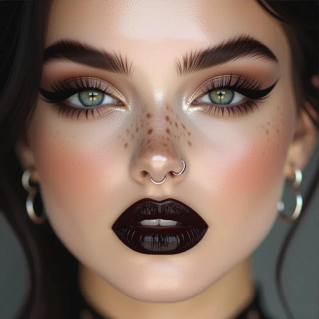 Realistic portrait of young gothic woman with full face and plump, black lipstick lips. Neutral expression with deep black eyes. Long lashes and dark smoky eyeshadow. Pale skin with dark brown freckles on cheeks. Silver septum ring visible. Long dark hair flowing naturally. Centered view with soft lighting and neutral background.
