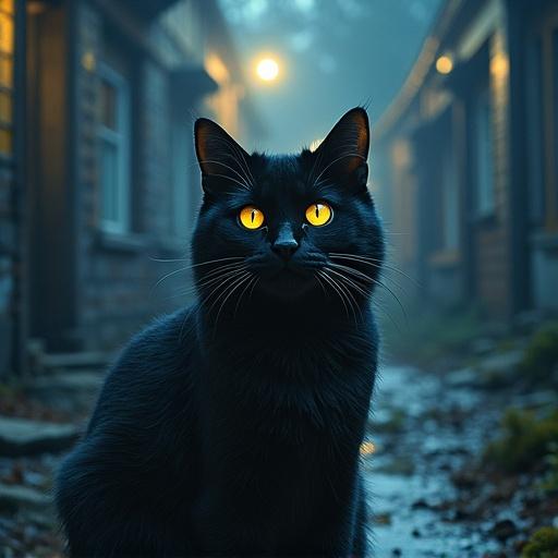 A black cat with glowing yellow eyes in a dark, moody alley. Surrounding buildings are slightly blurred. The atmosphere is mystical and mysterious, evoking nighttime intrigue.