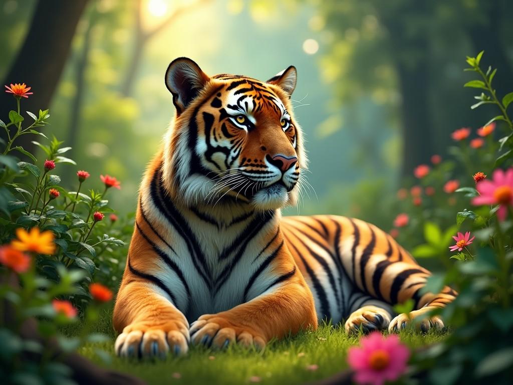 The image showcases a magnificent tiger resting peacefully amidst a colorful garden of flowers. The majestic animal is depicted with striking orange fur and dark stripes, blending beautifully with the vibrant greens and pinks of its surroundings. Soft sunlight filters through the trees, illuminating the scene and giving it an ethereal quality. The tiger's piercing gaze conveys both strength and serenity, creating a captivating focal point. This idyllic setting highlights the beauty of nature and emphasizes the importance of wildlife conservation.