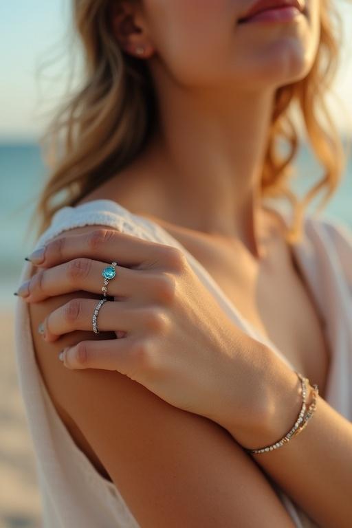 A young woman wears a delicate aquamarine bracelet outdoors at golden hour. Soft sunlight highlights the gentle sparkle of the gemstones. She is dressed casually in a light linen outfit with softly curled hair. The background features a blurred beach, showcasing soft blues and sandy colors, ideal for a summery vibe.