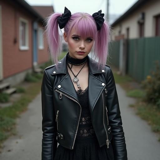 Cute Eastern European goth punk woman stands in an alleyway. She has pink hair in two loose buns decorated with black ribbons. Wearing a studded black leather biker jacket over a lace short dress. Light hazel eyes enhanced with dark eyeliner. Hands adorned with punk goth rings. Natural lighting highlights her style. Stylish and bold look.