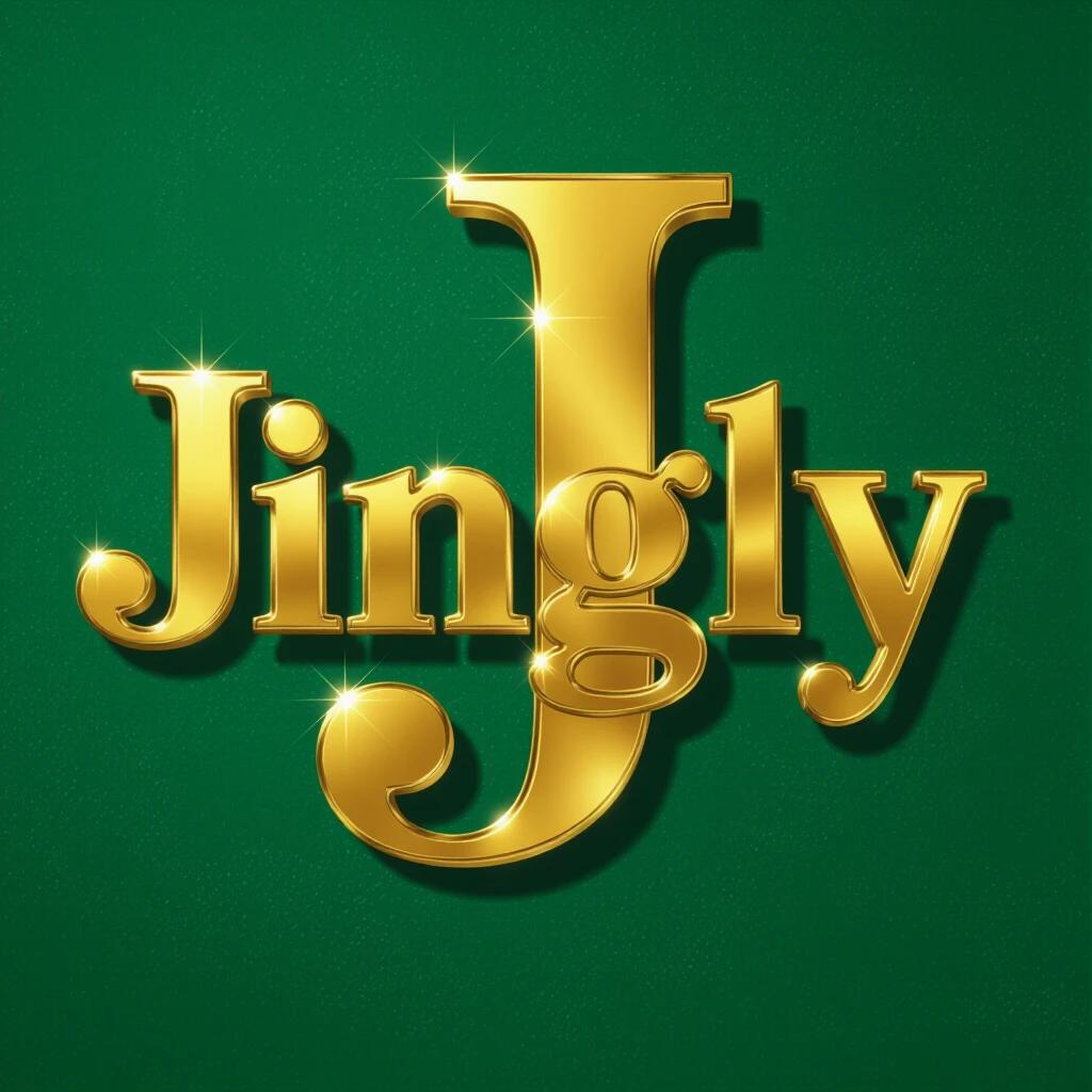 Cinematic title font created for the word 'JINGLY'. The letter 'J' larger than 'INGLY'. Quirky feel with shiny gold finish. Rich green background enhances the luxurious look.
