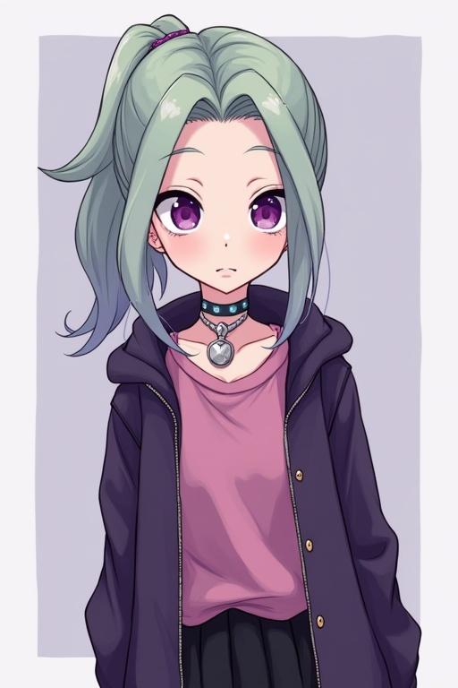 Young character with light green hair styled in a ponytail and a braid. Wears a dark purple jacket over a pink top. Features a silver heart choker with a blue strap. Dressed in a short black skirt with a pink waistband. Holds a custom Chaos Duel Disk. Appearance conveys a feminine style.