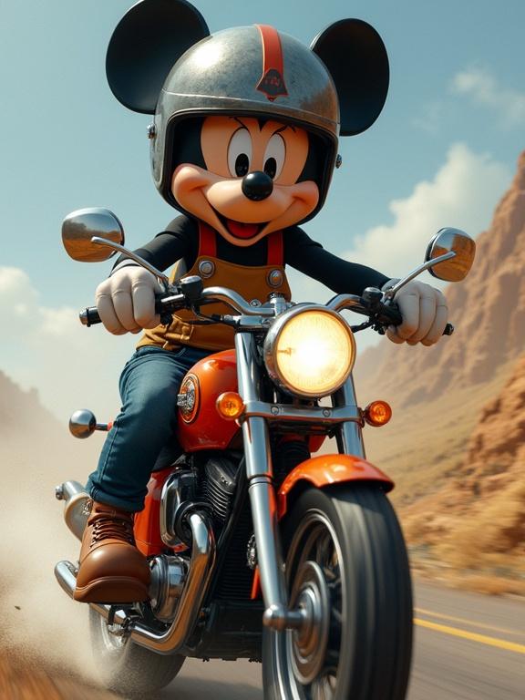 Mickey Mouse driving a motorbike. Mickey Mouse wears a helmet and rides on the open road. The scene has a vibrant and adventurous atmosphere.