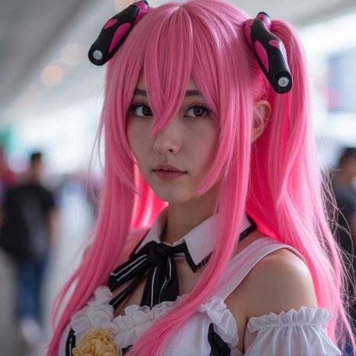 Girl in Megurine Luka cosplay. Long pink hair with accessories. Wearing a white blouse and black accents. Captured in a vibrant environment. Emphasizes cosplay culture.